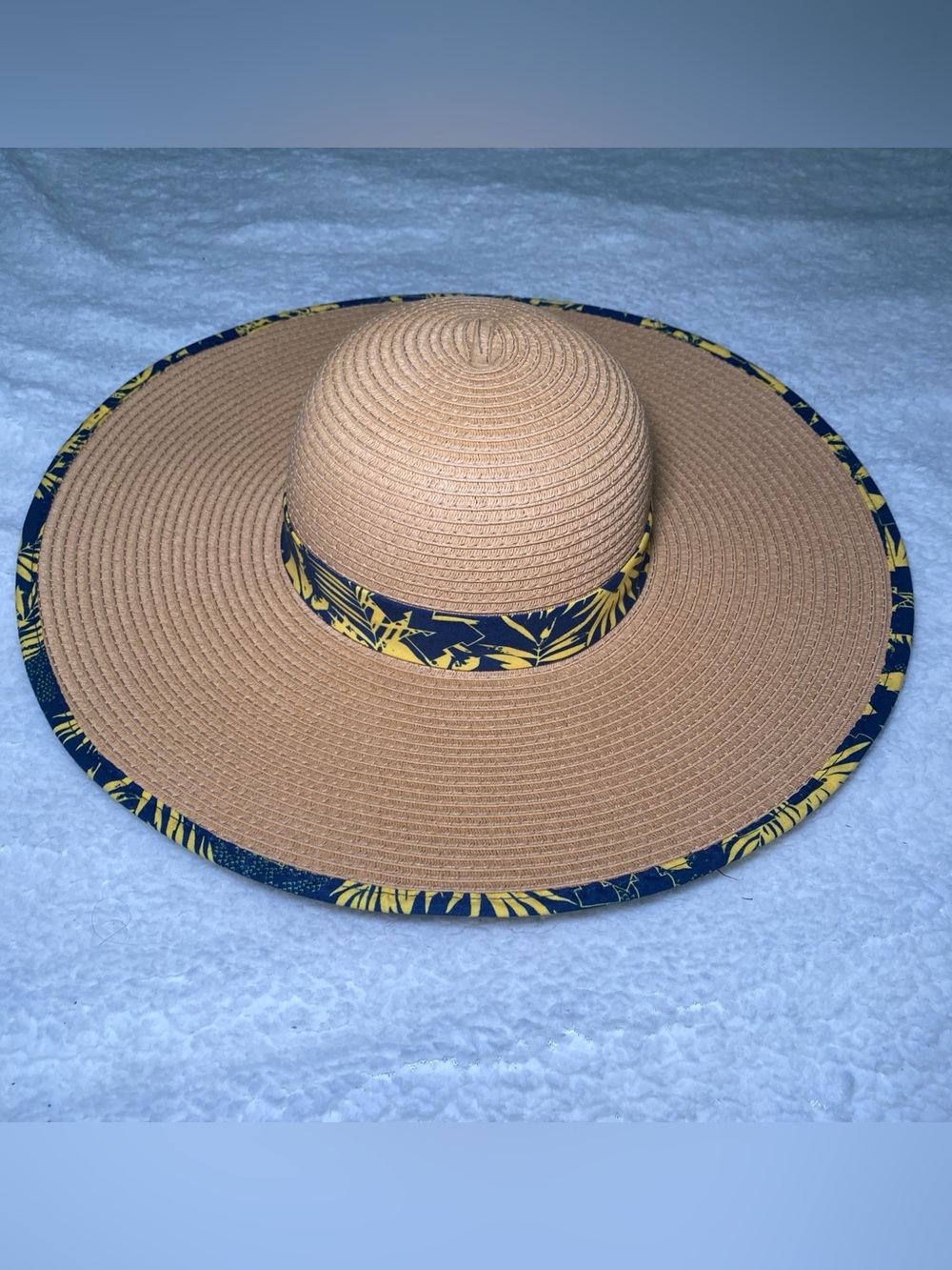 Wide Brim Straw Sun Hat with Navy & Yellow Floral Michigan M Trim